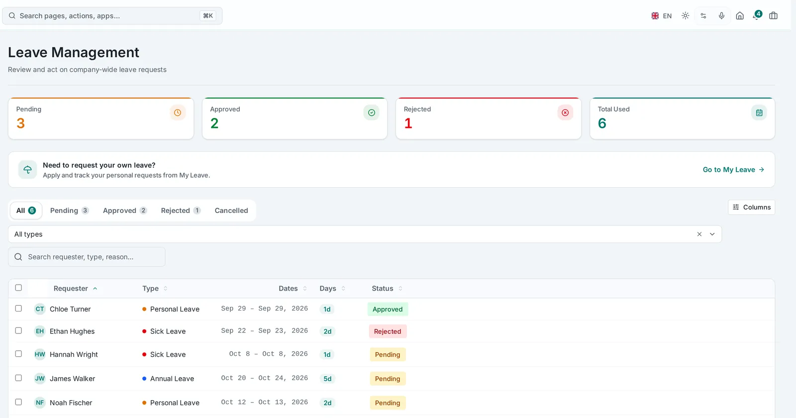 Ergenza leave requests list with pending, approved and rejected requests and an approve action